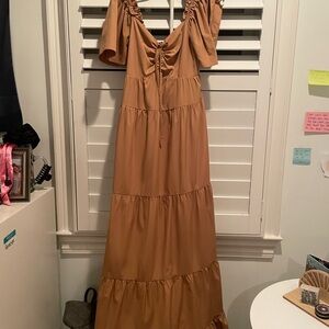 Elegant Tan Off-Shoulder Dress